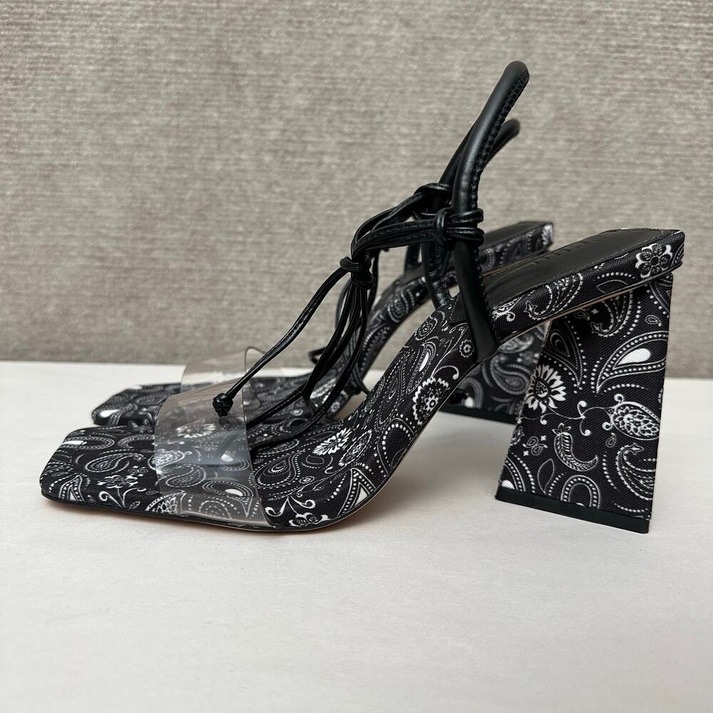 Schutz Mayla Paisley Block Heel Sandals Black White Lace Up Clear Strap 9B NIB - Picture 5 of 9